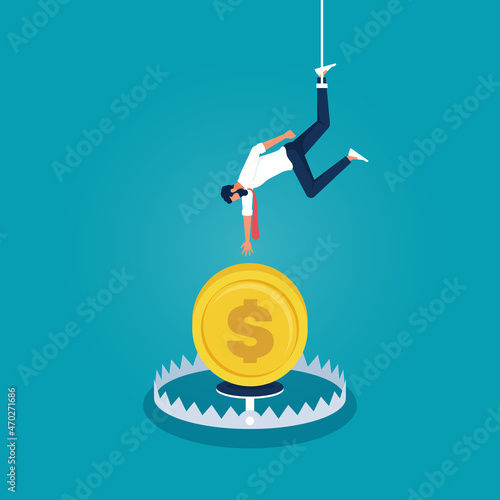 businessman going to catch the dollar coins on bear trap, metaphor of greedy financial risk and bad solutions, money trap business concept
