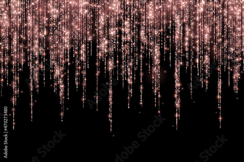 Rose gold glitter holiday decoration long garland on black background. Vector