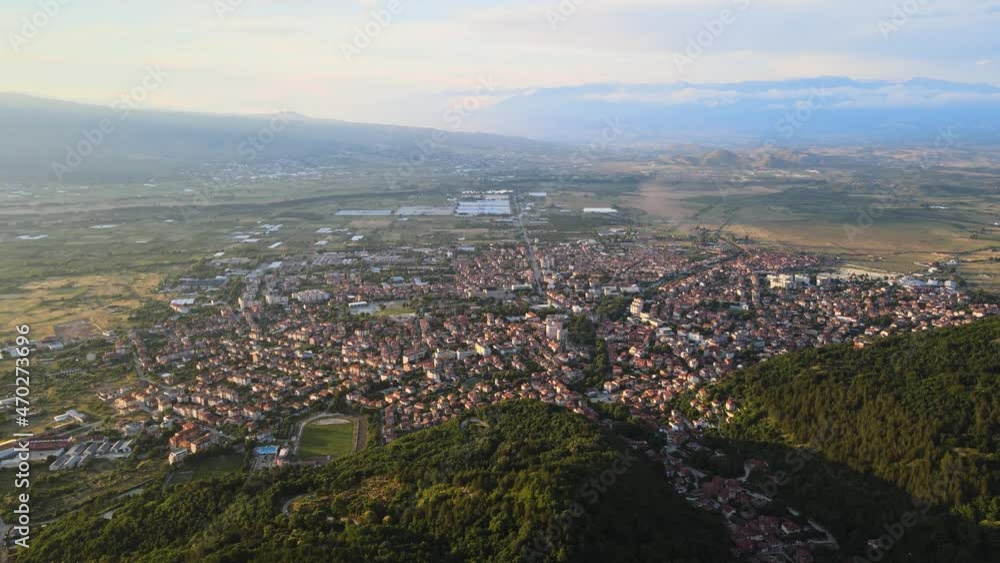 Aerial sunset view of town of Petrich, Blagoevgrad region, Bulgaria Aerial sunset view of town of Petrich, Blagoevgrad region, Bulgaria