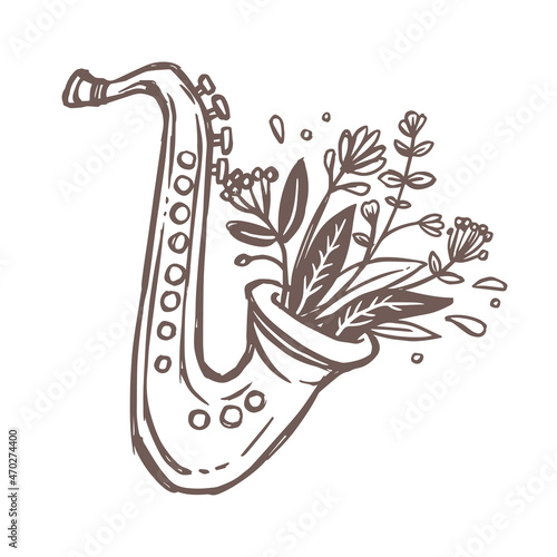 Saxophone with blooming flowers and growing foliage from it. Vector cute logo, emblem or label for music festival or jazz band
