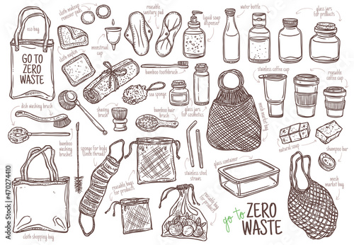 Set of durable items and products for zero waste lifestyle. Ecological, recycle and reused, no plastic and go green collection of isolated objects for home, shopping and cosmetics