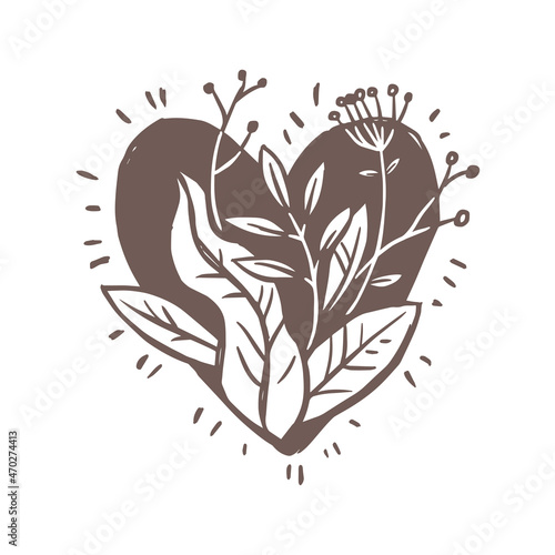 Vector hand drawn icon heart with plants, flowers and growing blooming foliage and leaves. Logo, emblem or label for your card