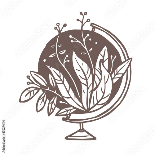Vector globe with growing flower bouquet, plants, foliage and leaves. Planet Earth illustration with eco and ecology idea