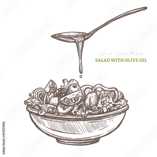 Vector hand drawn vegetables salad with spoon of olive oil. Greek cuisine