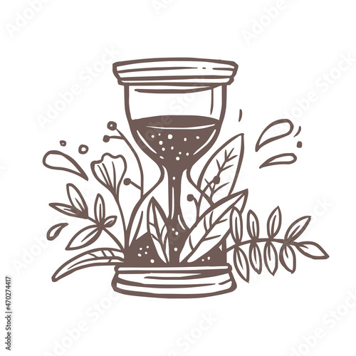 Vector hourglass with growing flower bouquet, plants, foliage and leaves. Retro vintage sandglass and countdown time emblem, sign or label