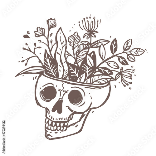Vector logo, symbol, emblem or label of human skull with growing flowers and leaves