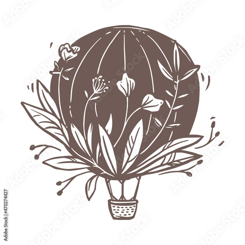 Vector vintage air balloon with growing flower bouquet, plants, foliage and leaves. Air flying and sky emblem, sign or label. Creative logo concept