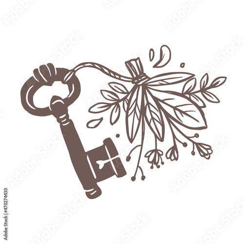 Vector vintage victirian key with tag or trinket made with flower bouquet, plants, foliage and leaves. Hand drawn creative concept for logo
