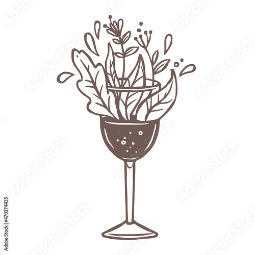 Vector wine glass with growing flower bouquet, plants, foliage and leaves
