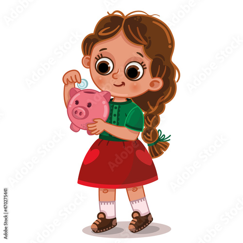 Vector illustration of a cute girl saving money in a piggybank.
