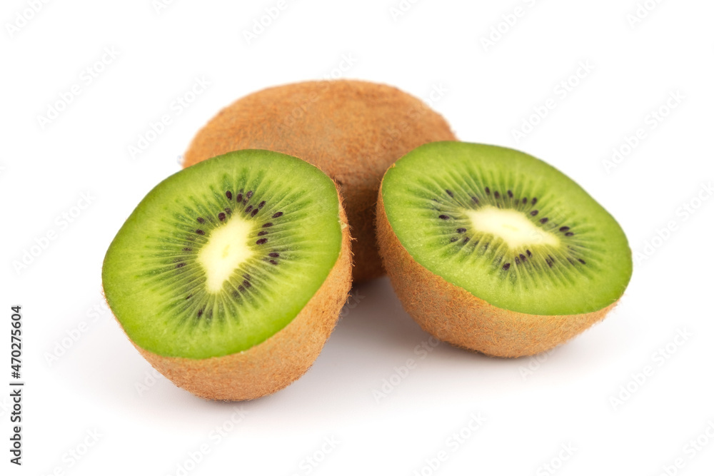 Ripe tasty kiwi fruits whole and cut in half, favorite fruit healthy food isolated Ripe tasty kiwi fruits whole and cut in half, favorite fruit healthy food isolated