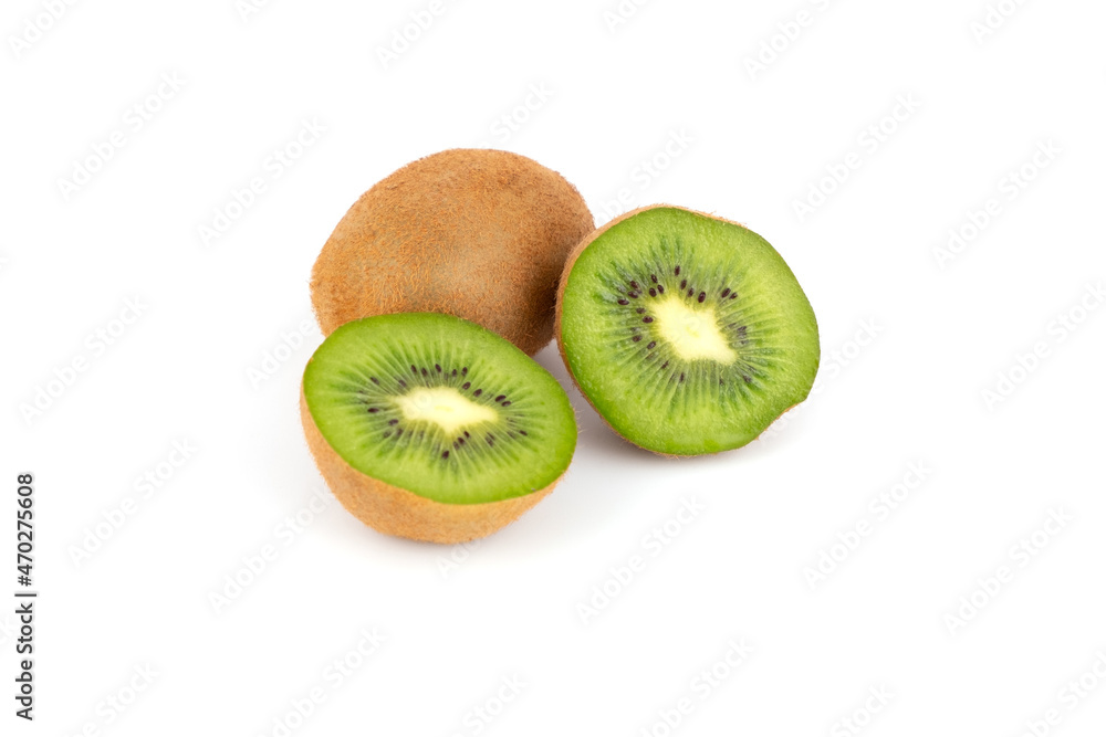 Ripe tasty kiwi fruits whole and cut in half, favorite fruit healthy food isolated Ripe tasty kiwi fruits whole and cut in half, favorite fruit healthy food isolated