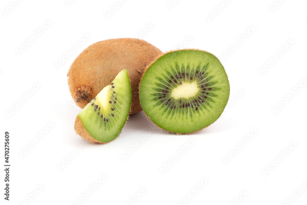 Ripe tasty kiwi fruits whole and cut in half, favorite fruit healthy food isolated Ripe tasty kiwi fruits whole and cut in half, favorite fruit healthy food isolated