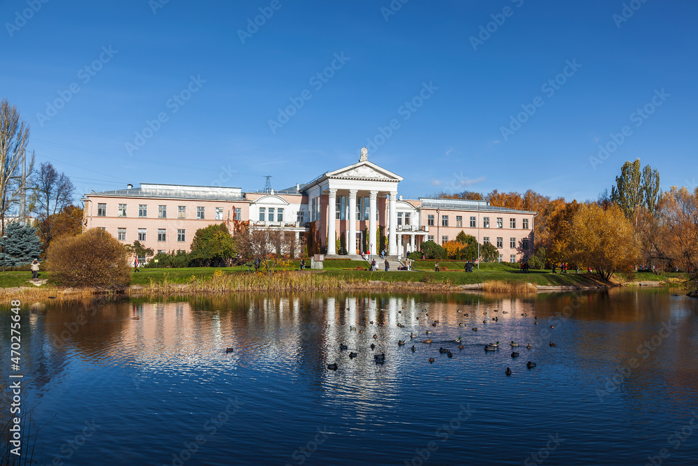 View of the N.V.Tsitsin Main Botanical Garden of the Russian Academy of Sciences, laboratory building (1951) and pond. Moscow, Russia