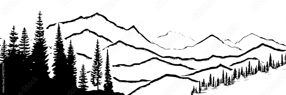 Fototapeta premium Vector sketch, mountain landscape, imitation of a pencil drawing 