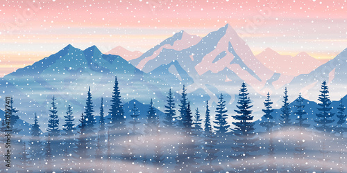 Dawn in the mountains, winter morning. Forest, peaks in the haze. Vector landscape.