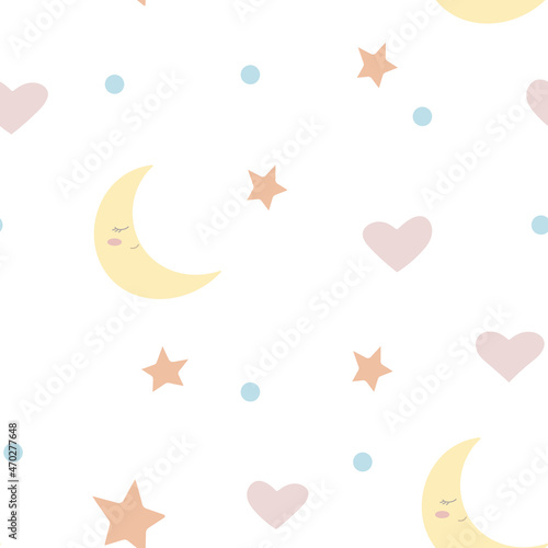 childish seamless pattern of sky in pastel colors, moon, stars and hearts on a white background. sleep and dreaming concept for toddlers