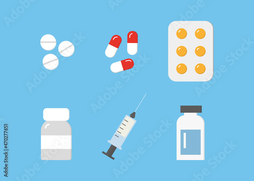 set of medical drugs in a flat style. Medicines for the treatment of diseases. Pharmacy Ambulance Items Medicine Pharmaceutical Healthcare Vector Illustration