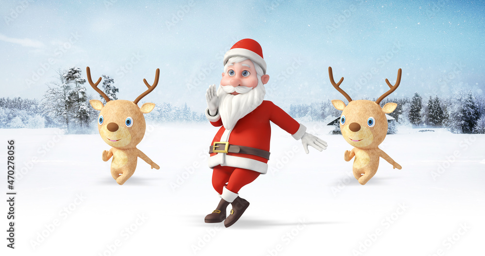 Santa Clause And His Reindeers Dancing At The North Pole. Snowy Day. Christmas, Noel And New Year Related 3D Illustration Render. Santa Clause And His Reindeers Dancing At The North Pole. Snowy Day. Christmas, Noel And New Year Related 3D Illustration Render.