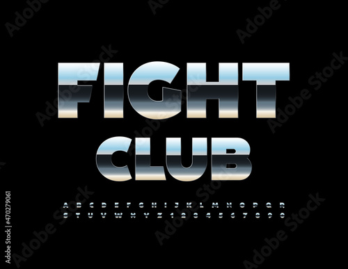 Vector modern emblem Fight Club. Glossy steel Font. Set of Iron Alphabet Letters and Numbers