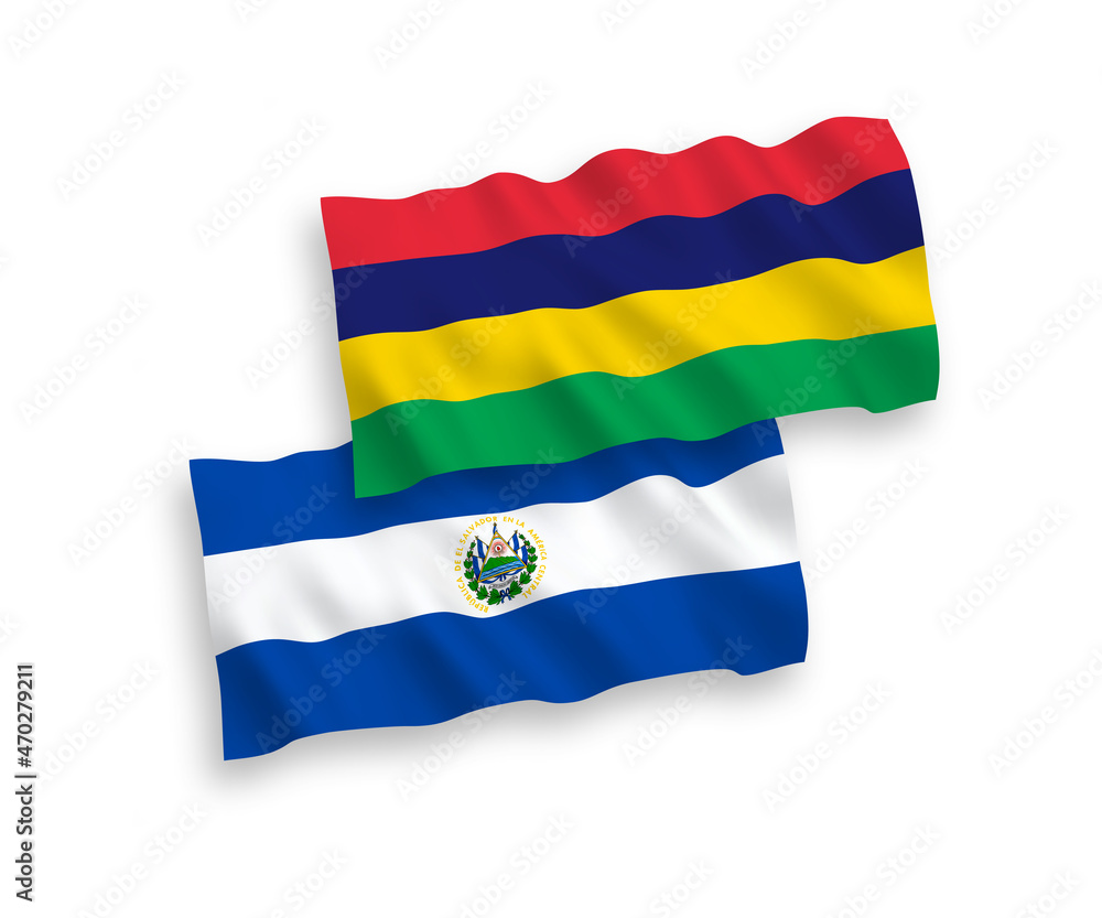 Obraz premium National vector fabric wave flags of Republic of El Salvador and Republic of Mauritius isolated on white background. 1 to 2 proportion.