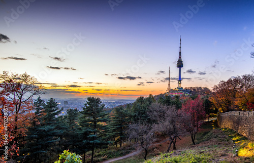 Namsan tower in autumn Seoul South Korea.