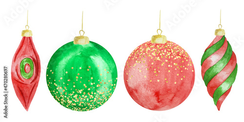Watercolor colorful christmas red and green balls for a Christmas tree with gold decor.