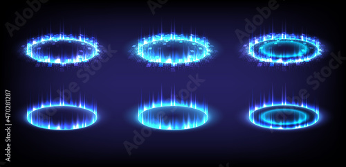 Sci-fi high-tech stage collection in glowing HUD. Hologram portal of science futuristic. Magic warp gate in game fantasy. 3D Music sound wave. Circle teleport podium. GUI, UI virtual reality users