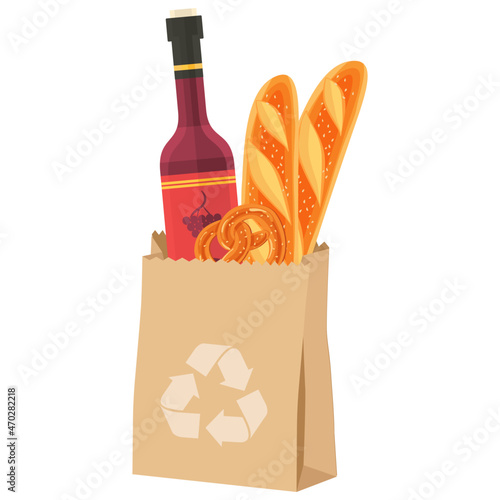 recycle paper bag with bread red wine