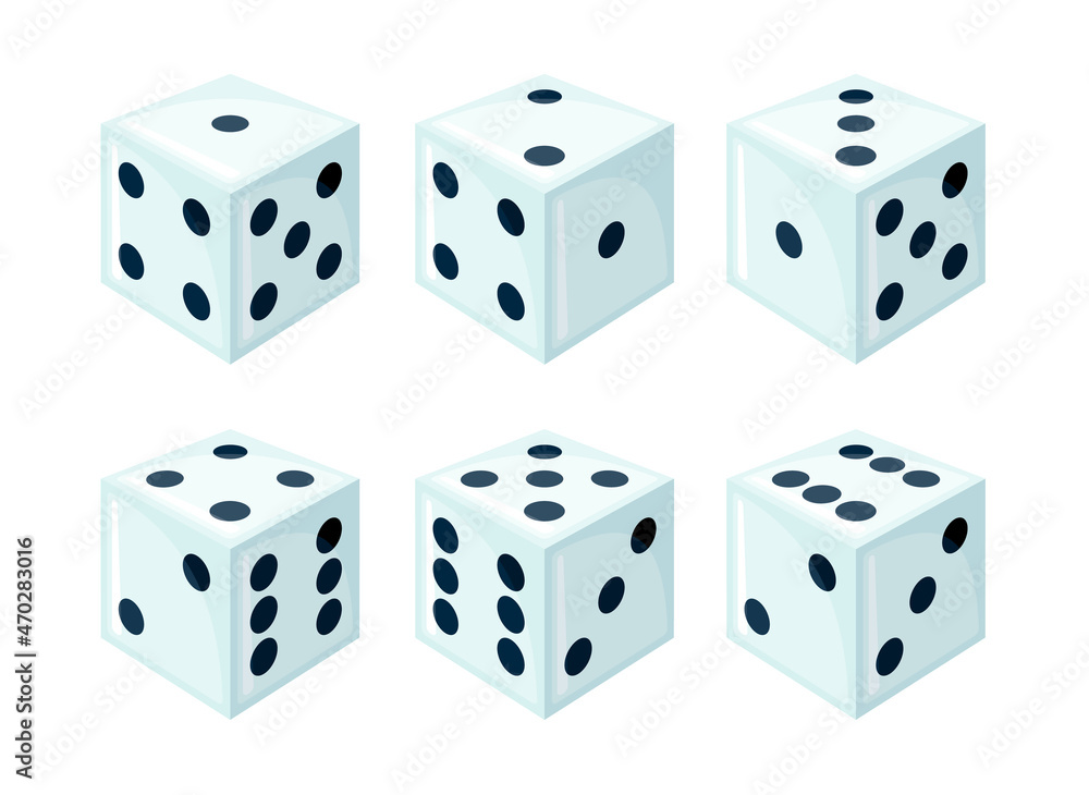 Set of white dices with black dots from different sides view. Set of white dices with black dots from different sides view.