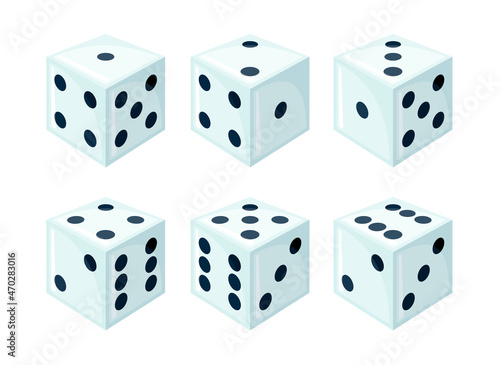 Set of white dices with black dots from different sides view.