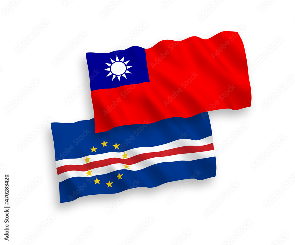 National vector fabric wave flags of Republic of Cabo Verde and Taiwan isolated on white background. 1 to 2 proportion. National vector fabric wave flags of Republic of Cabo Verde and Taiwan isolated on white background. 1 to 2 proportion.
