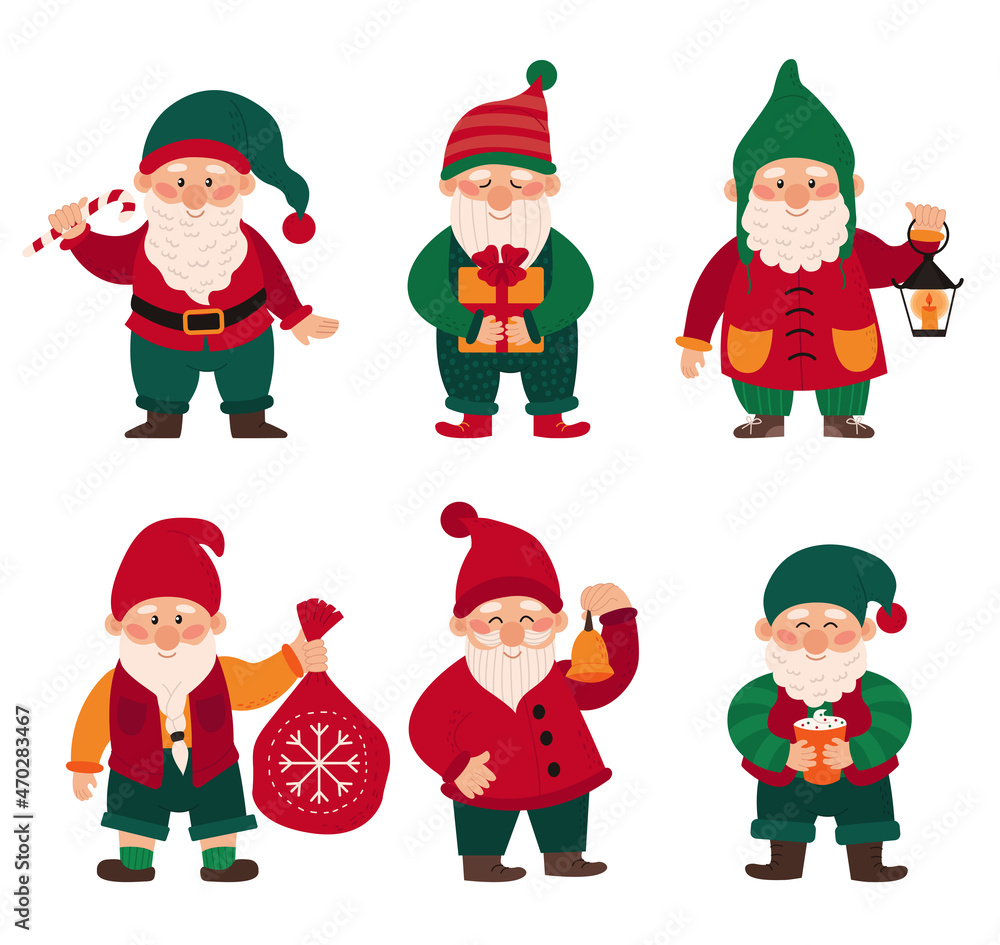 Set christmas little gnomes, dwarfs, elves, fairy tale characters. Funny bearded dwarfs with various festive items. Color vector illustration isolated on a white background.