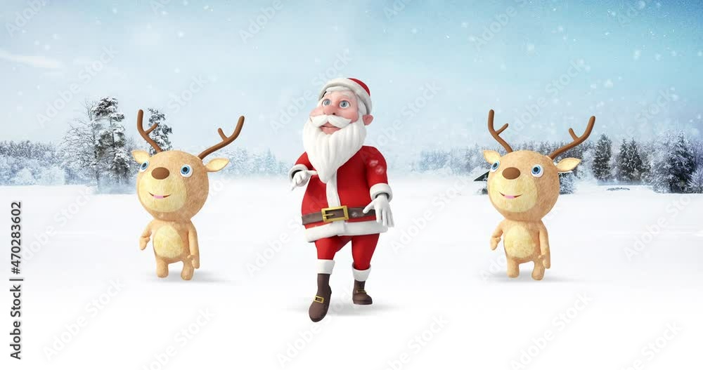 Santa Clause And His Reindeers Dancing On A Snowy Winter Day. Christmas, Noel And New Year Related 3D Animation. Santa Clause And His Reindeers Dancing On A Snowy Winter Day. Christmas, Noel And New Year Related 3D Animation.