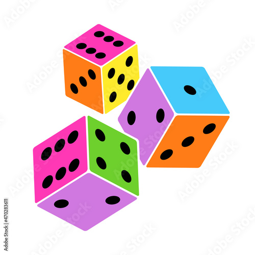 Colorful dices with black dots isolated on white background.
