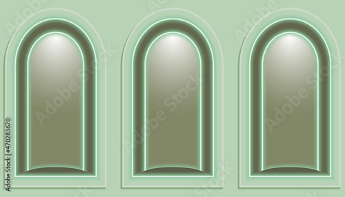 exhibition three podium display empty arch presentation shelf for goods green olive neon light cosmetic