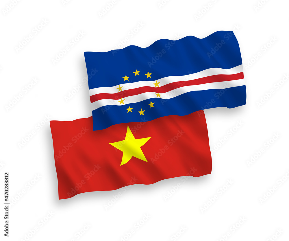 National vector fabric wave flags of Republic of Cabo Verde and Vietnam isolated on white background. 1 to 2 proportion.