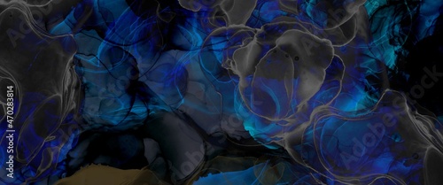 Blue darkish abstract background made with alcohol ink technique, modern fluid art illustration with various blue accents, luxury backdrop for wallpapers photo