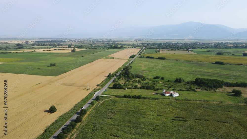 Aerial view of landscape sunflower field village of Boshulya, Pazardzhik region, Bulgaria Aerial view of landscape sunflower field village of Boshulya, Pazardzhik region, Bulgaria