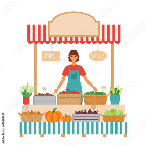 The seller stands behind a vegetable counter.
