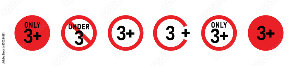 3 plus sign set. Three. Age restrictions, censorship and parental control. Icon for content, movies, food, juice and toys. 3 plus sign set. Three. Age restrictions, censorship and parental control. Icon for content, movies, food, juice and toys.