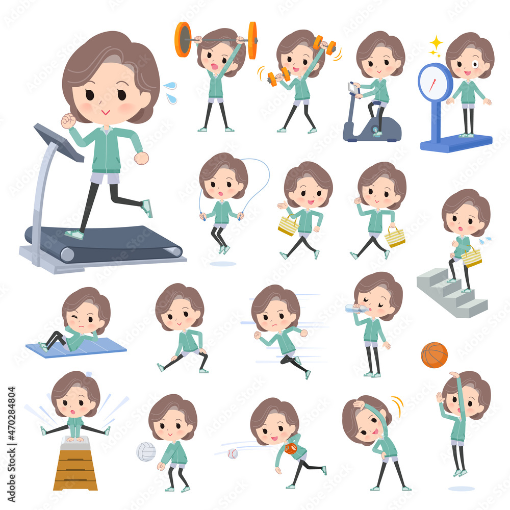 エクササイズやスポーツに関する青緑ジャージ中年女性のセット