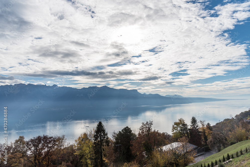 Panoramic view of Lake Geneva from Mont Pelerin, Switzerland. Travel concept Panoramic view of Lake Geneva from Mont Pelerin, Switzerland. Travel concept