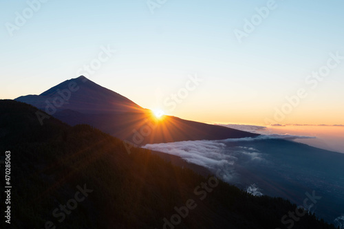 Teide seen from a viewpoint at sunset.Beautiful mountain landscape above the sea of clouds