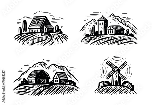 Rural farm landscape set. Hand drawn vector illustration. Farming and agriculture emblem
