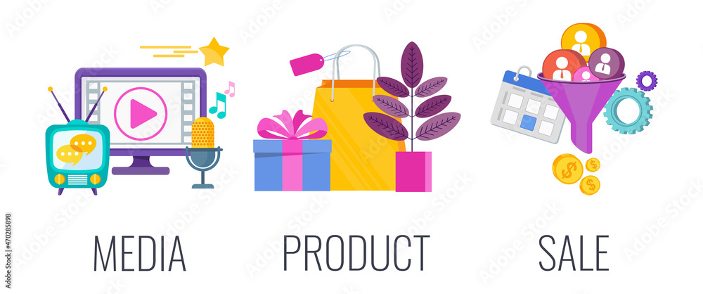 Media, product and sale flat vector illustration.