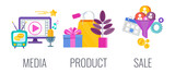 Media, product and sale flat vector illustration.
