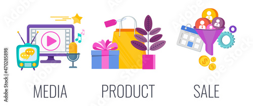 Media, product and sale flat vector illustration.