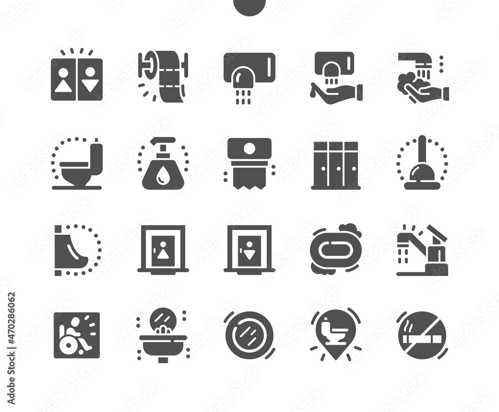 Toilet, restroom. Toilet paper. Hand dryer. Bathroom, domestic, household, washroom, wash, sanitary and hygiene. Vector Solid Icons. Simple Pictogram