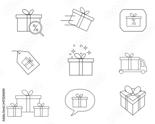 Gift box, gift, discount offer line icon set isolated on transparent background. Price tag, gift card, search sale signs, gift delivery. Symbols for Christmas, New Year's surprise design.